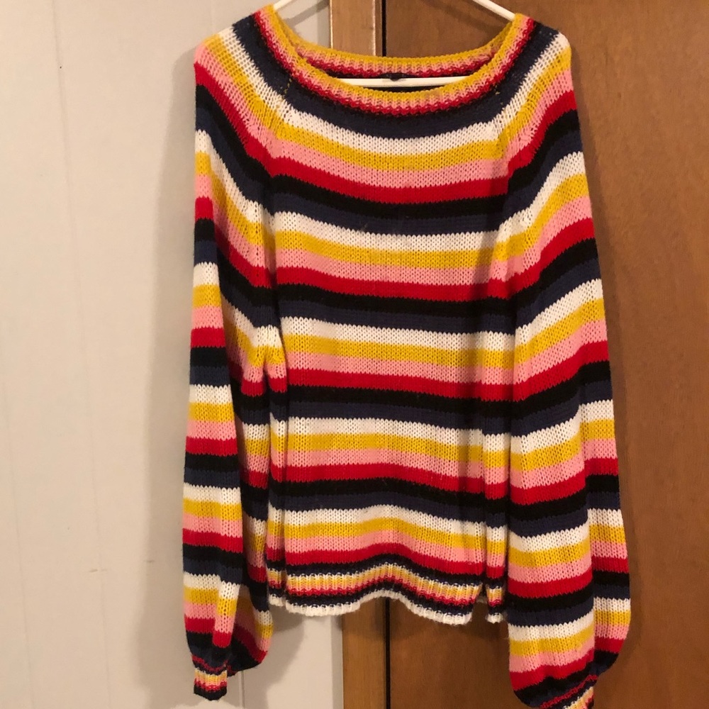 Striped belle sleeve sweater